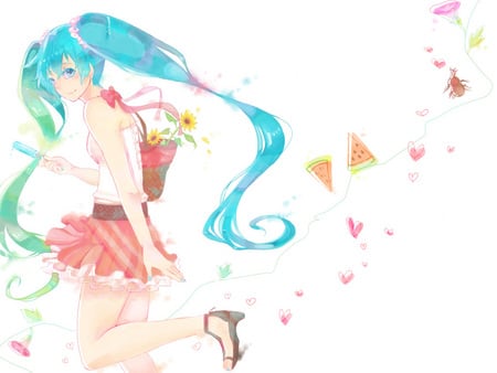 Hatsune Miku - water colors, pretty, anime, vocaloid, twintail, food, hatsune miku, flowers, ice cream, bugs, blue hair, art, blue eyes, beetle, skirt, beautiful, thighhighs, colorful, watermelon, miku, cute, insect, hatsune, bow, vocaloids, hearts