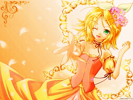 Kagamine Rin - pretty, anime, vocaloid, yellow, dress, pink, flowers, rin, kagamine rin, kirei, yellow hair, blue eyes, kagamine, beautiful, orange, awesome, cute, vocaloids