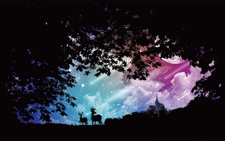 UNDER THE STARS - moon, trees, deer, night, stars, sky