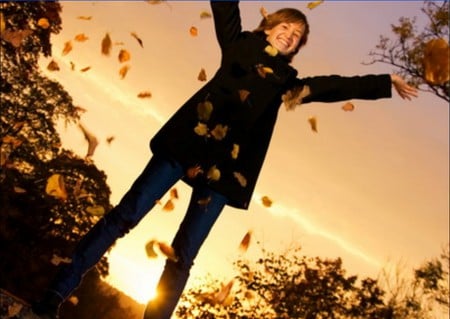 autumn joy - autumn, fall, girl, joy, colorful, leaves, sunset