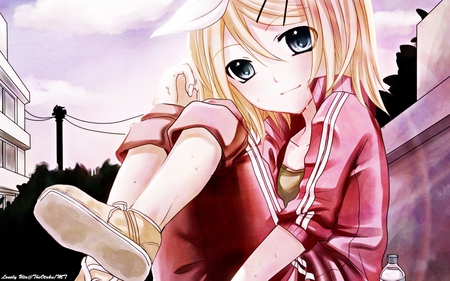 Kagamine Rin - pretty, anime, vocaloid, dawn, rin, kagamine rin, yellow hair, sky, clouds, bottle, kagamine, beautiful, city, morning, cute, track suit, bow, vocaloids