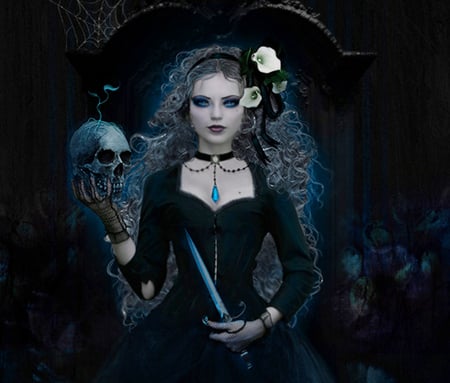 Fantasy girl - skull, girl, fantasy, blue