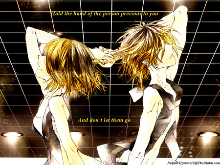 Kagamine Rin & Kagamine Len - pretty, anime, vocaloid, yellow, kagamine len, rin, kagamine rin, yellow hair, len, kagamine, beautiful, cool, love, black, holding hands, awesome, lights, cute, vocaloids, lovers