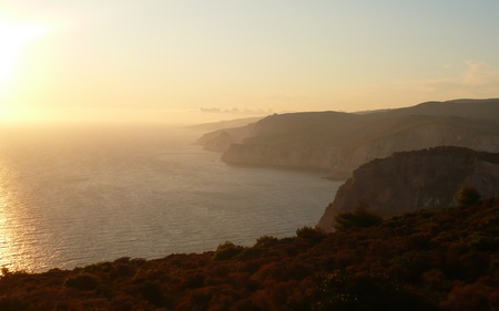 Mystic Highlands - coastline, sunset, nature, foggy, cliffs, ocean, reflection