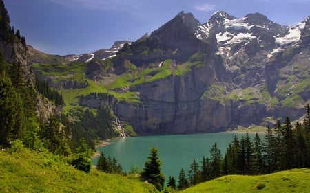 Beautiful - blue, snow, forest, nature, waterfall, green, cliffs, lake, mountains, sky