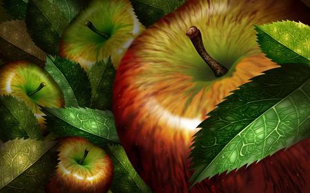 Apples - leaves, apples, fruit, abstract