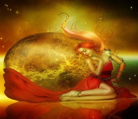 Siren Venus - flowers, red hair, woman, planet, dress, nice, colors, stars