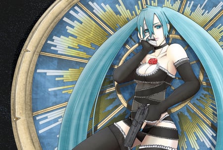 Hatsune Miku - anime, vocaloid, blue, gun, hot, twintail, hatsune miku, cool, pistol, miku, double face, blue hair, hatsune, vocaloids, sexy, blue eyes