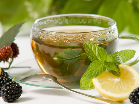 Tea With Mint - drink, berries, refreshing, saucer, herb, cup, lemon