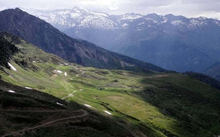 Sunny Spot - farm, overcast, roads, mountains, spot, nature, cloudy, snow, green, sunny