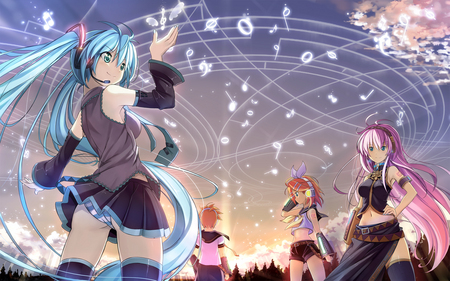 Vocaloid's Night - pretty, kagamine len, night, pink, luka, rin, blue hair, yellow hair, len, blue eyes, thighhighs, megurine, sunset, megurine luka, cute, vocaloid, anime, yellow, blue, hatsune miku, song notes, kagamine rin, pink hair, notes, sky, clouds, trees, kagamine, beautiful, cool, black, miku, awesome, hatsune, vocaloids