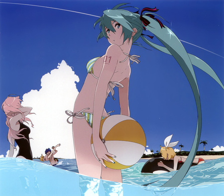 Vocaloid's Beach Day - miku, kagamine, vocaloids, megurine, bikini, beach ball, megurine luka, ball, pink, tropical island, vocaloid, yellow, anime, twintail, blue, clouds, len, hatsune, rin, beach, kagamine len, hot, ocean, pink hair, luka, blue hair, water, kagamine rin, yellow hair, sky, kaito, sexy, trees, sea, hatsune miku