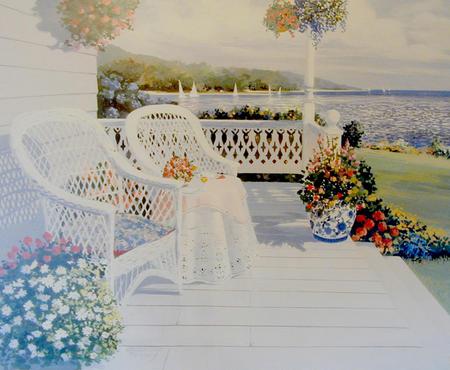 Come And Sit Down With Me - veranda, flowers, wicker, elegant, view, planters, chairs, sea