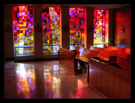 Oh Holy light - reflections, sunlight, windows, benches, colors, church, floor, glow, stained glass