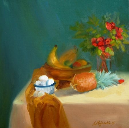 Kitchen Table - cloth, eggs, fruits, table, flowers, basket, vase