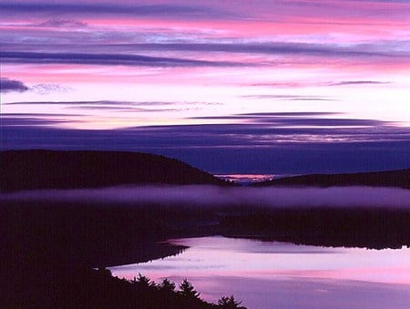 Lake of the clouds - calm lake, shoreline, lake, thin clouds, mountains, sunset, pink and purple sky