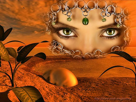 Golden Orient - pretty, yellow, female, eyes, covered face, veiled, gorgeous, exotic, women, abstract, arab woman, beautiful, photography, photoshop, girl, gold, colors, orange, 3d cg, girls, black, fantasy, green, woman, jewelry, wallpaper