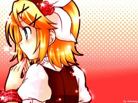 Kagamine Rin - pretty, anime, vocaloid, yellow, kagamine, beautiful, girl, beauty, rin, kagamine rin, red, cute, yellow hair, bow, vocaloids