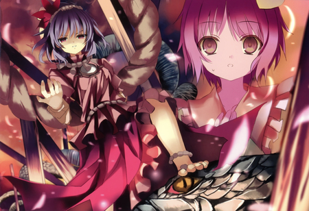 an epic tale is to be told.. - sweat, pnik hair, purple hair, komeiji satori, touhou, snake, yasaka kanako, purple eyes, short hair, pink eyes