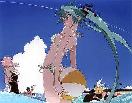 Vocaloid's Beach Day - hot, yellow hair, kaito, hatsune miku, sexy, kagamine rin, blue eyes, vocaloids, tropical island, len, bow, beautiful, vocaloid, sea, beauty, beach, water, twintail, rin, pretty, megurine luka, anime, tree, miku, sand, cute, luka, ocean, palm trees, pink hair, beach ball, blue hair, bikini, island, kagamine len