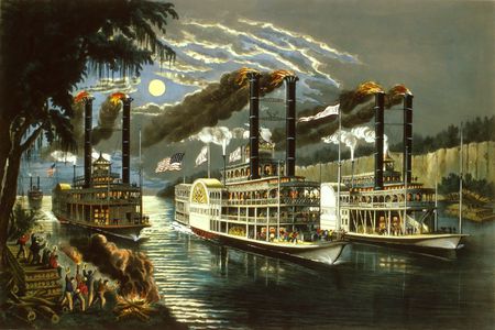 Champions Of The Mississippi - moon, era, steam, elegance, people, history, ships, dock