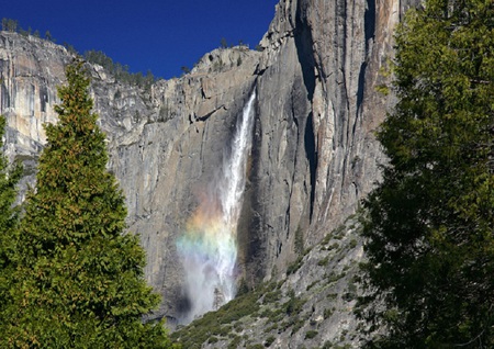 Rainbow Falls - yosemite, rainbow, waterfall, rocks