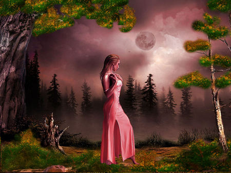 Misty Night - moon, nature, sky, lady, trees, forest, night, water