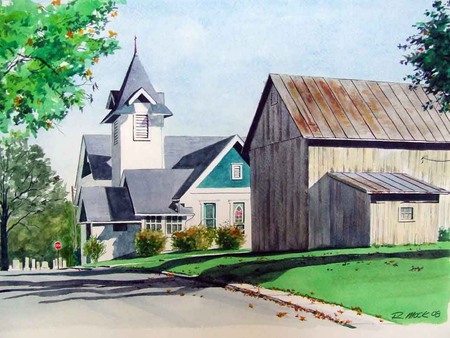 Baltimore Church - town, barn, road, sunday, houses, church