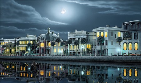 Battery Moonlight - moon, lights, glisten, harbour, houses, buildings