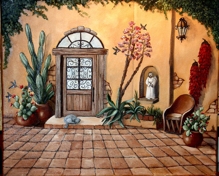 Casa Bonita - trees, door, court yard, cacti, brick, plants