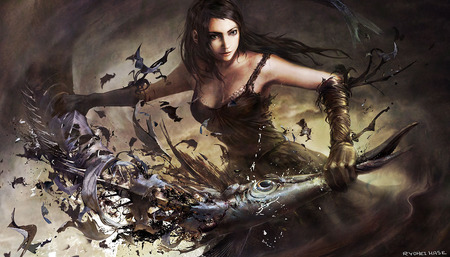 Fish Break - fantasy, breakinf, painting, girl, fish