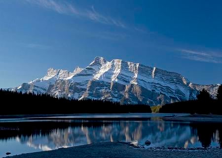 Awesome Alberta - calm, trees, snow, blue sky, alberta, reflection, peaks, mountain, canada, lake