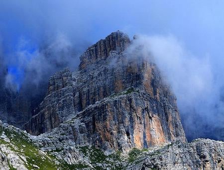 Peaks in the mist - misty, green, peak, rugged, cliffs, blue sky, mountain