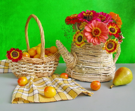 still life - nice, pear, photography, bouquet, basket, plum, still life, fruit, cool, beautiful, colors, flowers, photo, flower