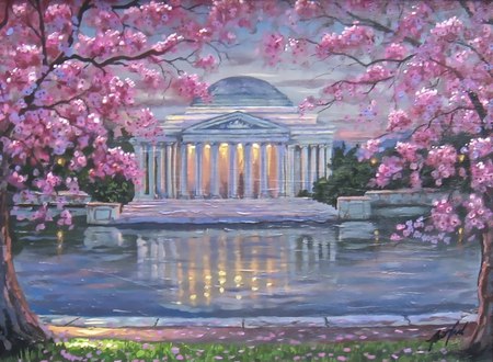 Cherry Tree Pond - building, pretty, trees, evening, soft, cherry, pond