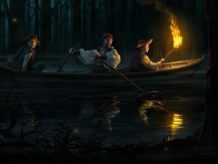 NIGHT BOATING - boat, girl, flame, night, forest, reflection, man, boy, river, fire, lights, art, boating