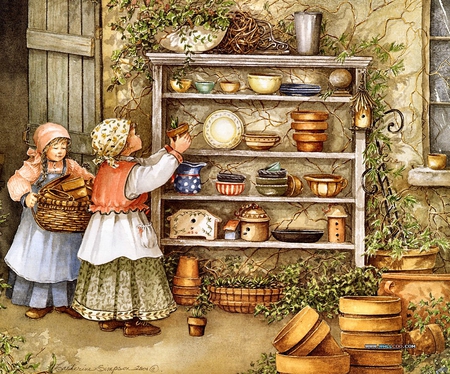 Potter's Two - girls, busy, garden shed, bakets, window, pots, shelf, planting