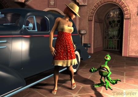 No you cant come - red dress, car, green thing