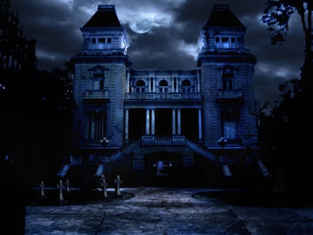 Blue Night - night, blue, mansion