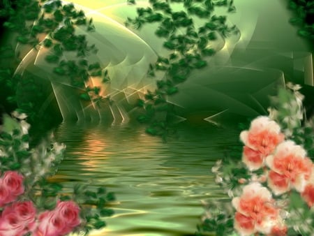 My sanctuary - abstract, flowers, pond, leaves