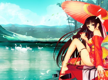 Evening In The Lake - water, anime, umbrella, lake, t2, cute girls, sky, clouds, tony taka, swans, birds