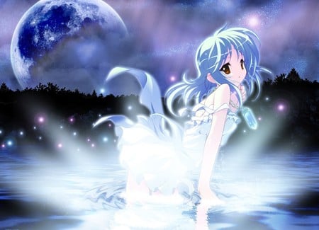 Girl In Water - girls, plannets, stars, trees, light, water, cute