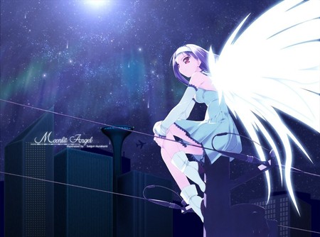 Moonlight Angel  - girls, wings, cute, angel, city, feathers