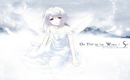 On Top Of The World I Sit - girls, moon, cute angel, wings, feathers