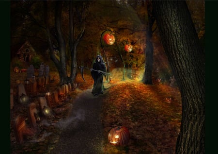 All Hollows Eve - path, lights, ghost, jack-o-lanterns, pumpkins, orange, artwork, reaper