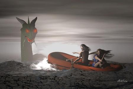 Trouble for the Castaways - dragon, castaways, raft, sea-monster