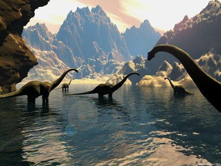 Dinosaurs - mountais, water, mountains, dinosaurs