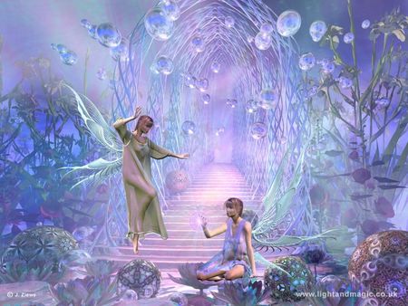 Fairy Games - beauty, female, magic, wings, colorful, bubbles, fantasy, art, pretty, fairies, spheres, girl, light, faries, games, play, forest, 3d, blue, pastel, fairy