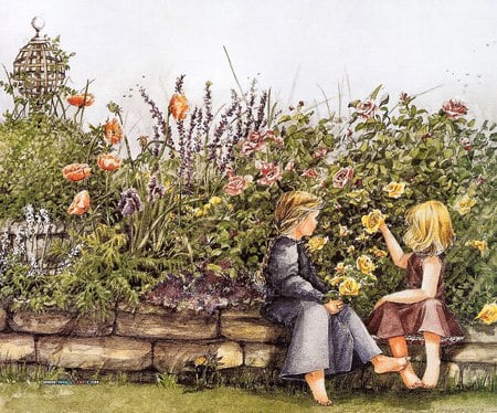 The Dandelion - wallpaper, lovely, spring, painting, art, catherine simpson, children, naturem kids, dandelion, wall, admiring, flowers, stones, garden