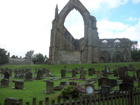 Balton Abbey Yorkshire - sky, fence, abbey ruins, trees, grave stones